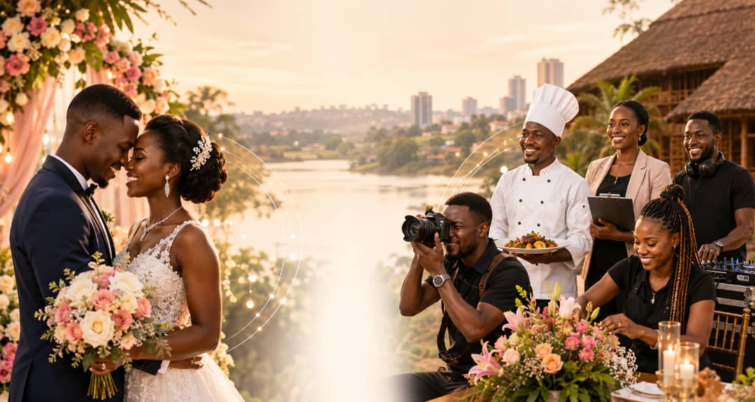 Ugandan wedding couple with professional vendors